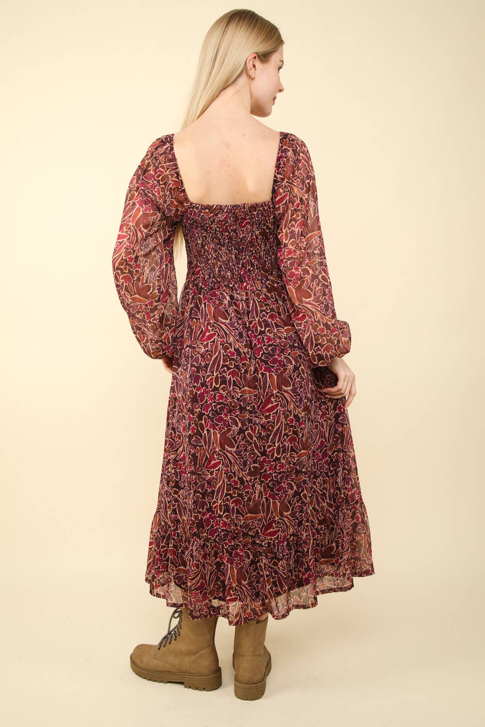Square Neck Printed Flare Midi Dress: Burgundy