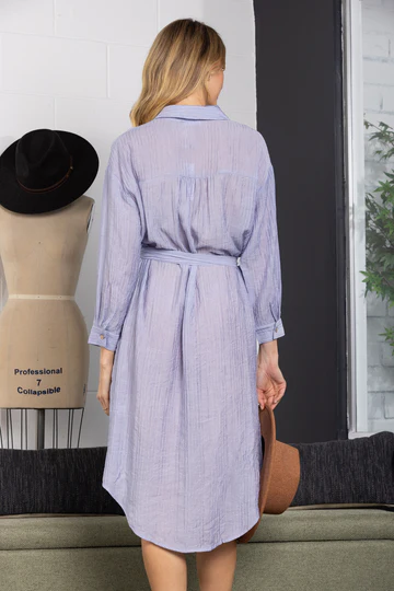 DUSTY BLUE COLLARED LINEN LONG SLEEVES MAXI DRESS