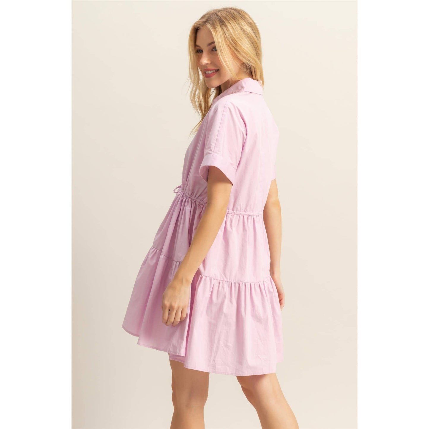 Drawstring Waist Poplin Tiered Mini Dress