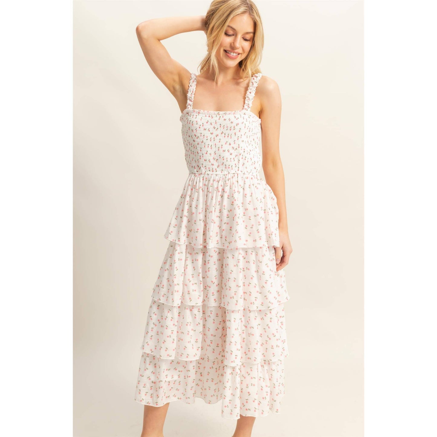 Ditsy Floral Print Smocked Tiered Dress
