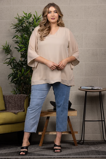 SALE: CHIFFON V-NECK BELL SLEEVES PLUS SIZE TOP-T6431: Beige