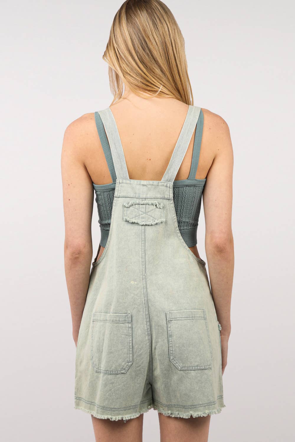 Washed Cotton Denim Casual Romper Overall: SAGE