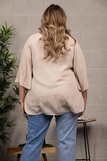 SALE: CHIFFON V-NECK BELL SLEEVES PLUS SIZE TOP-T6431: Beige