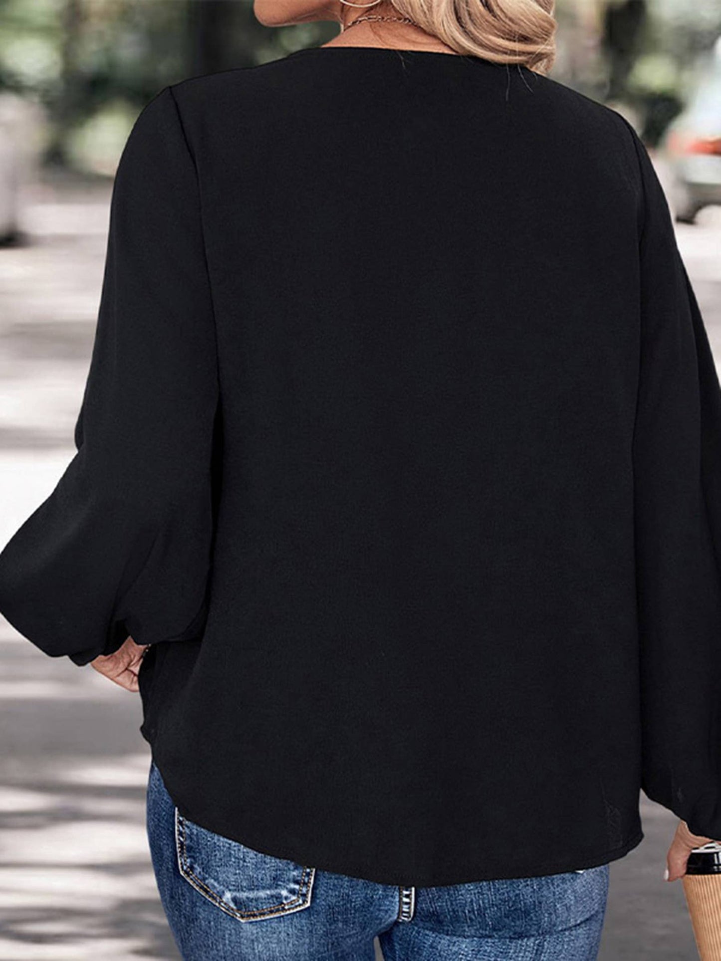 V-neck Shirt Loose Patchwork Top: Black