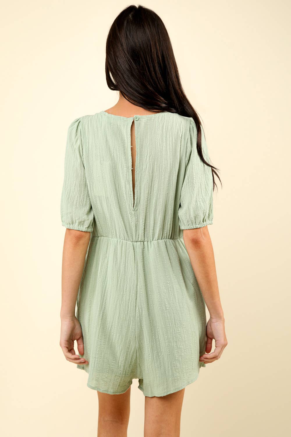Lace Detail Puff Sleeve Solid Woven Romper: SAGE