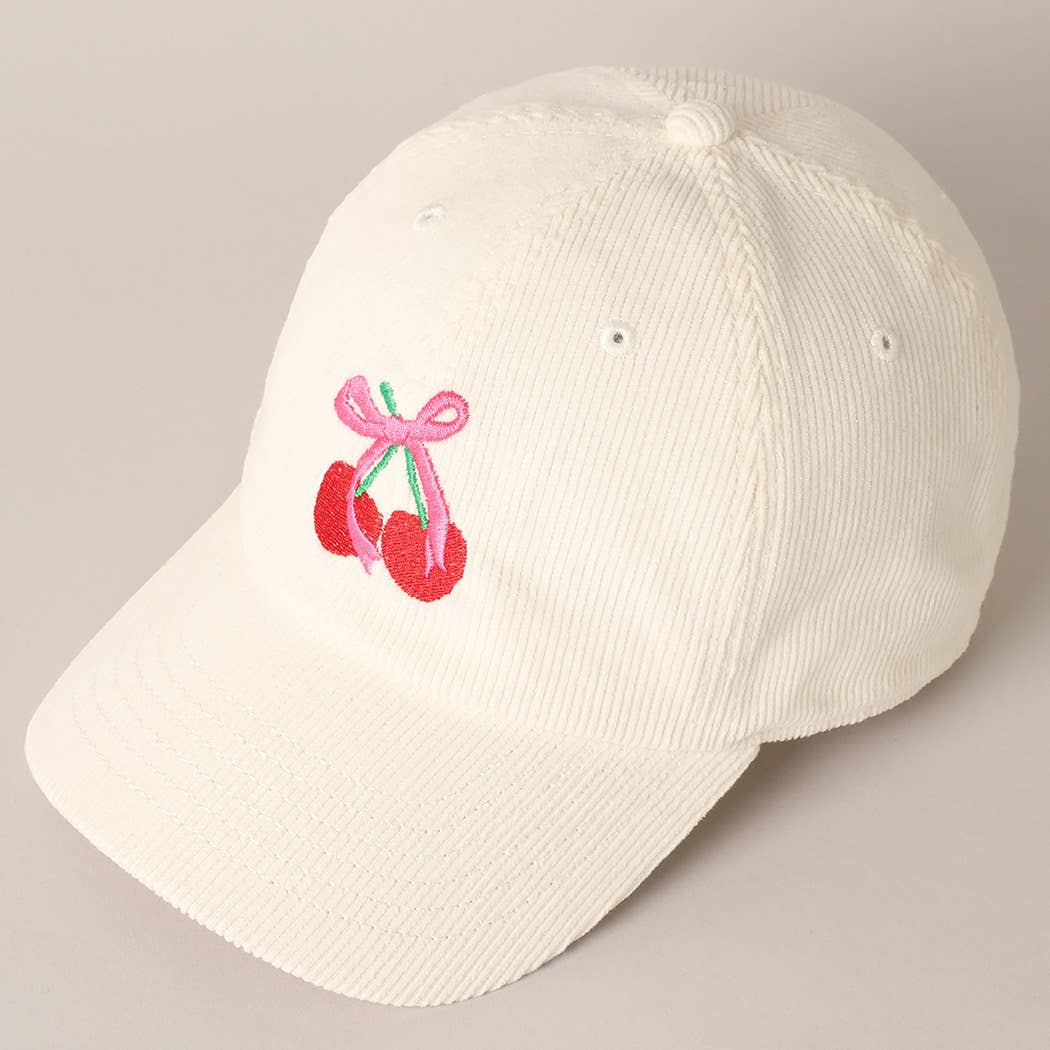 Cherries Ribbon Bow Embroidery Corduroy Cap: OFF WHITE / ONE SIZE