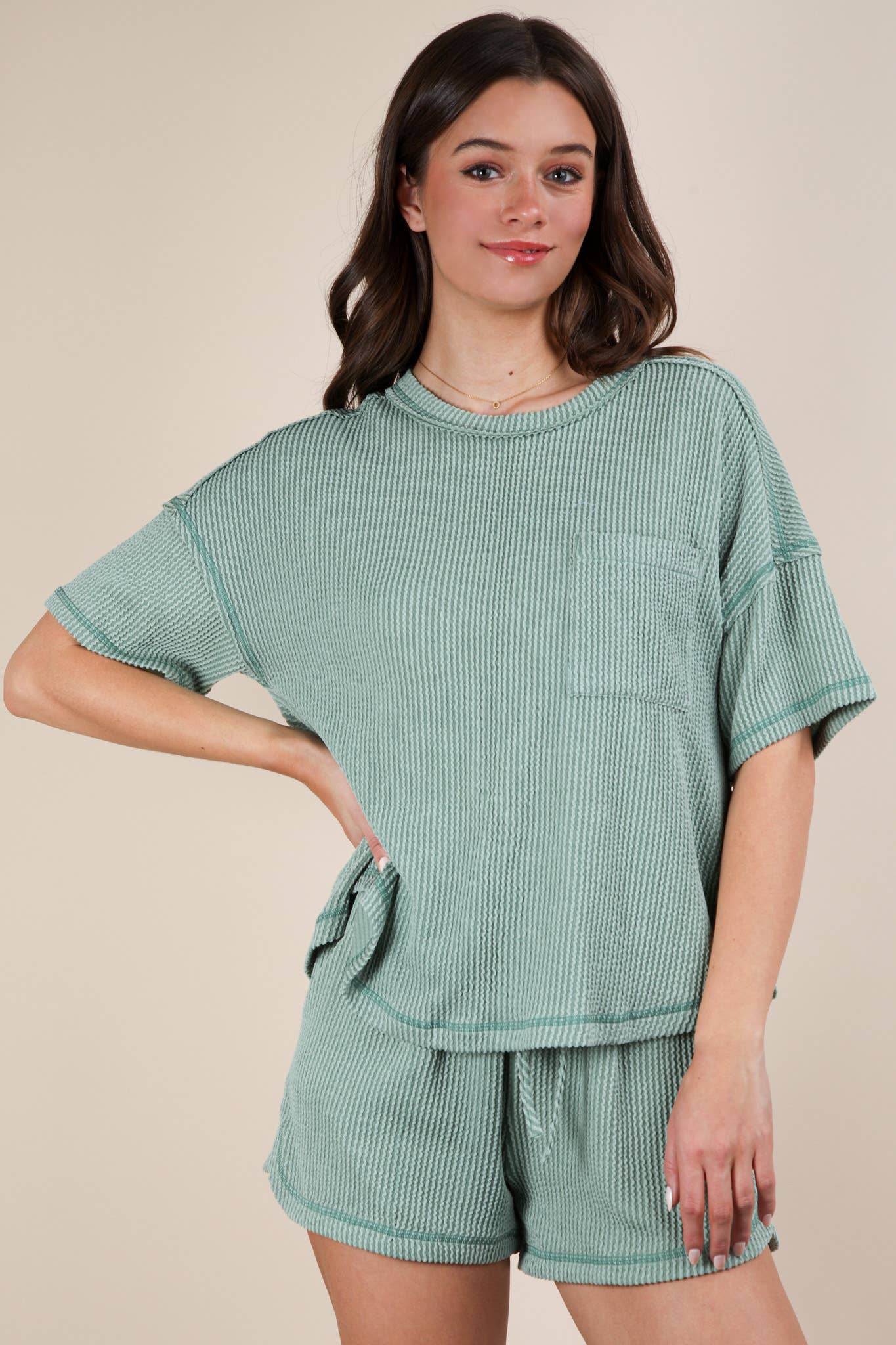 Oversized Two Tone Double Knit Top & Shorts: SAGE