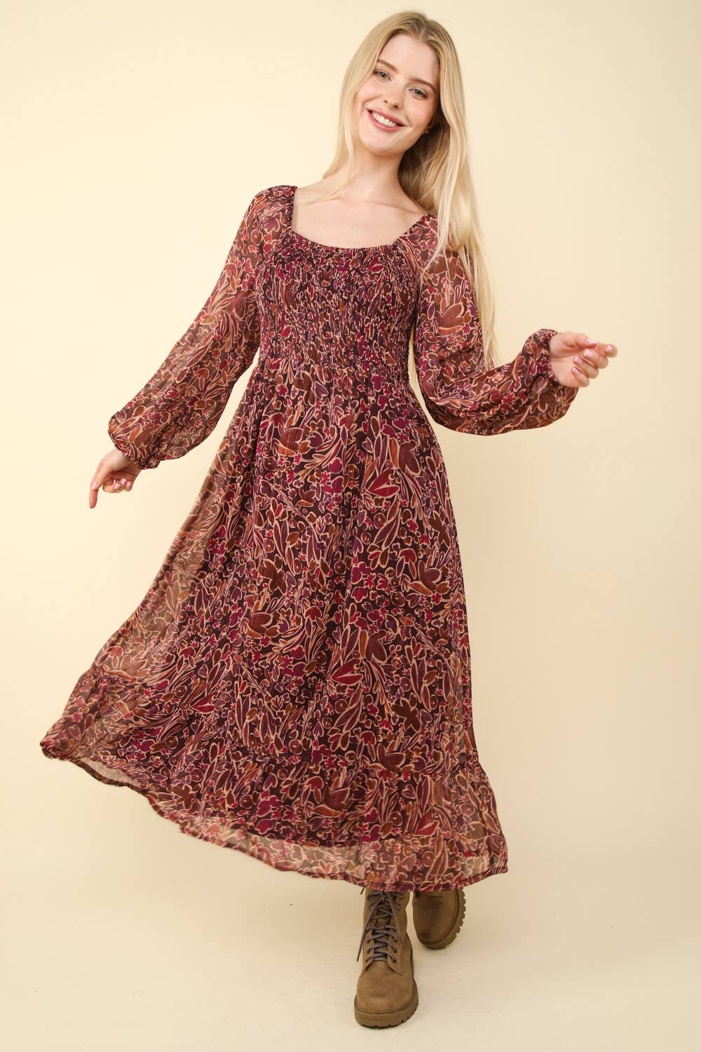 Square Neck Printed Flare Midi Dress: Burgundy