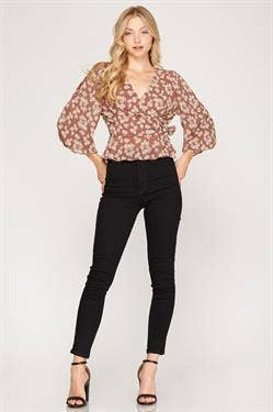 MOCHA FLORAL PRINT BUBBLE SLEEVES TOP