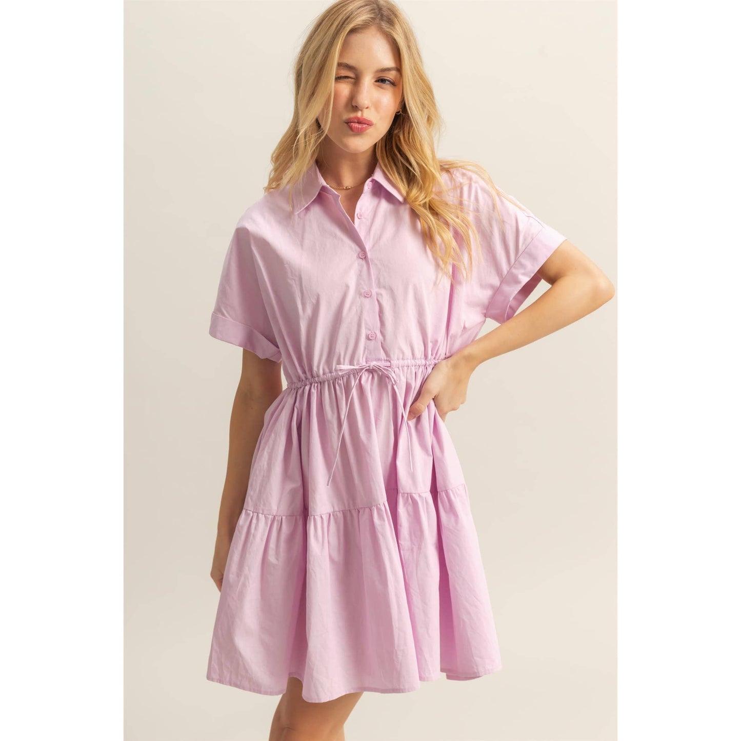 Drawstring Waist Poplin Tiered Mini Dress