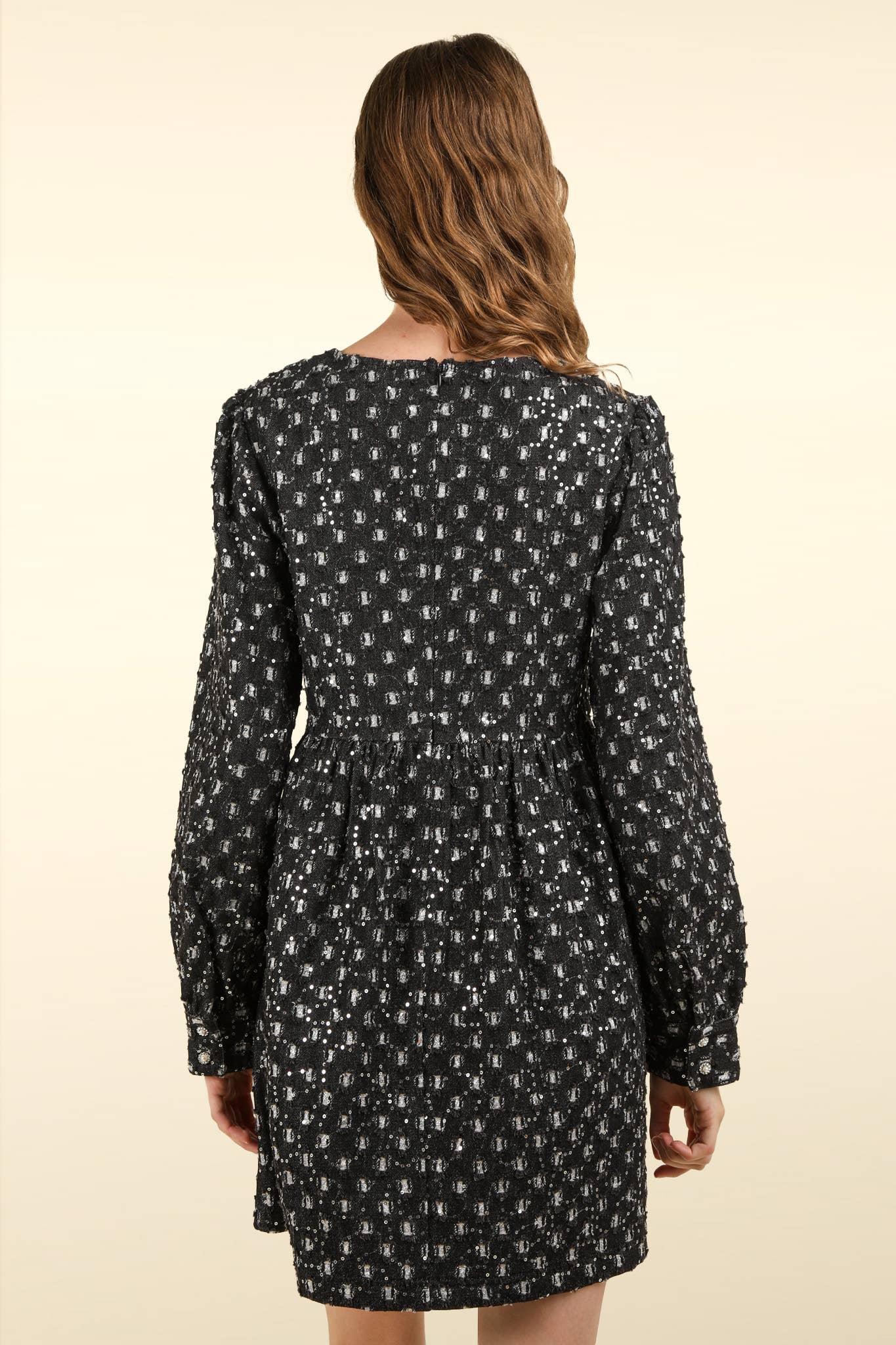 Glitter Denim Babydoll Flare Mini Dress: BLACK