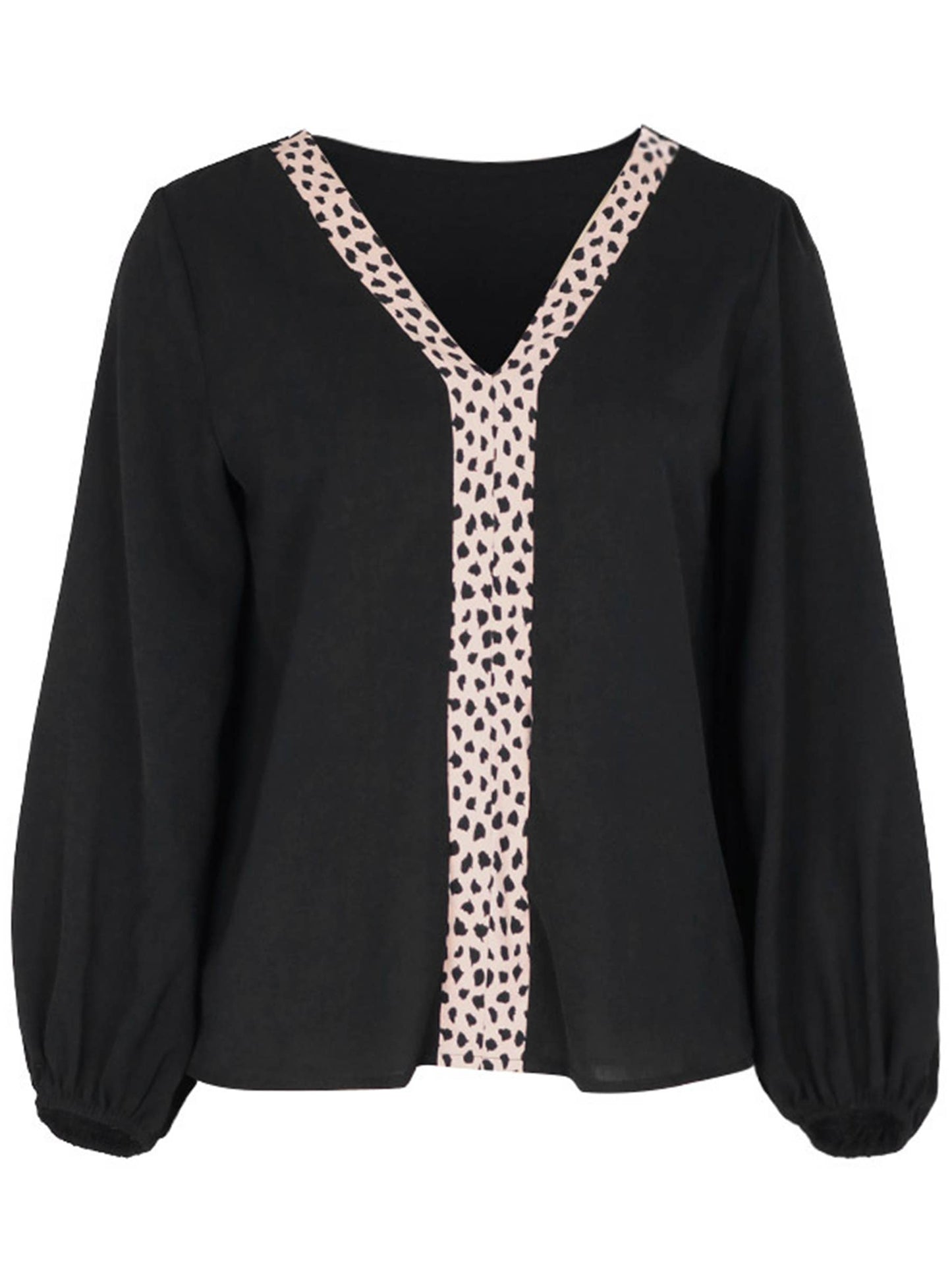 V-neck Shirt Loose Patchwork Top: Black