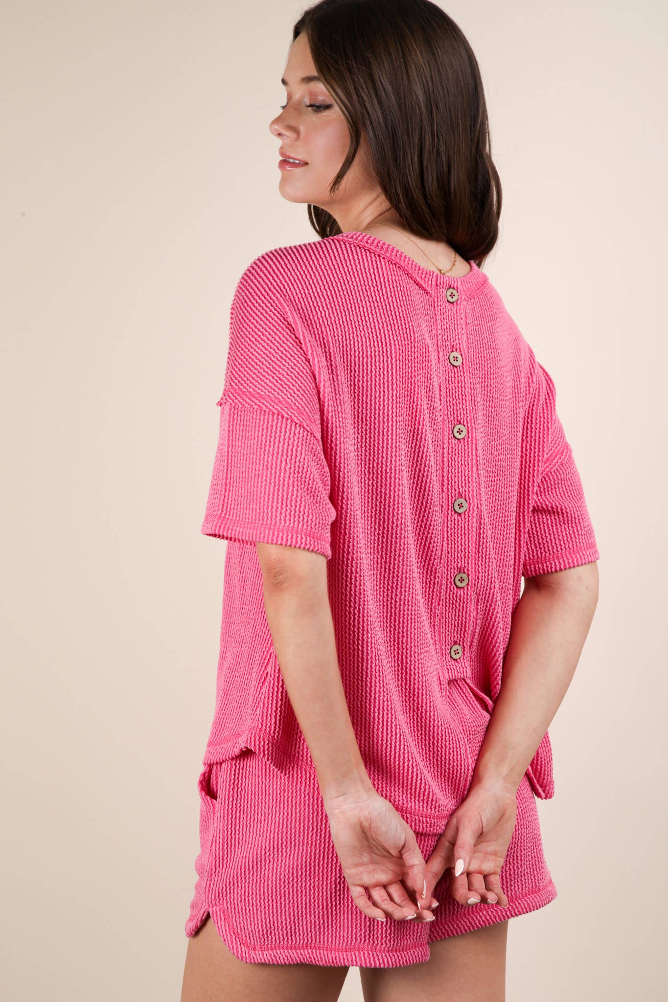 Oversized Two Tone Double Knit Top & Shorts: PINK