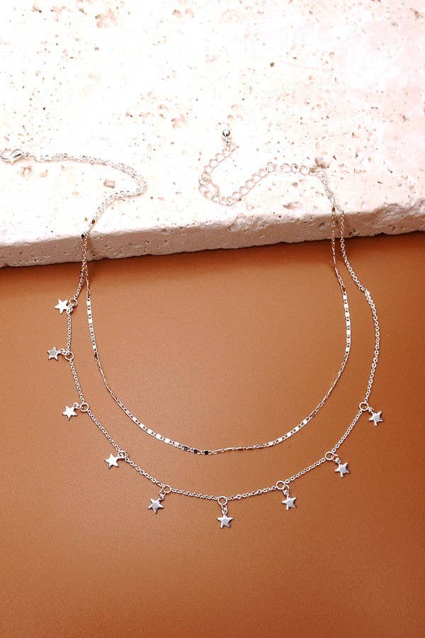 DELICATE DOUBLE LAYER STAR DROP NECKLACE:SILVER