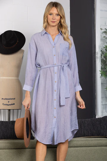 DUSTY BLUE COLLARED LINEN LONG SLEEVES MAXI DRESS