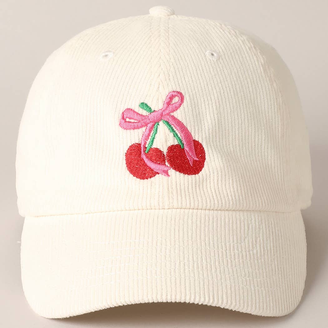 Cherries Ribbon Bow Embroidery Corduroy Cap: OFF WHITE / ONE SIZE