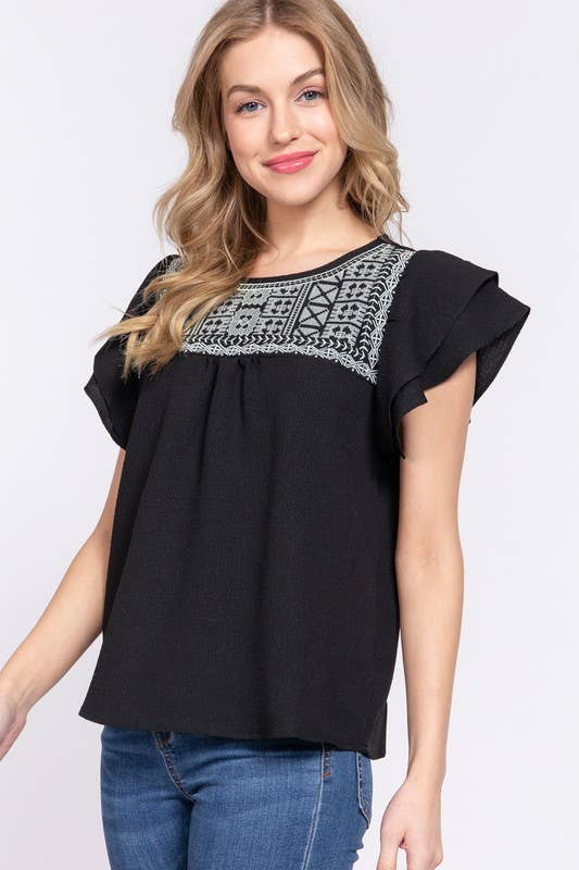 Embroidered Ruffle Sleeve Top