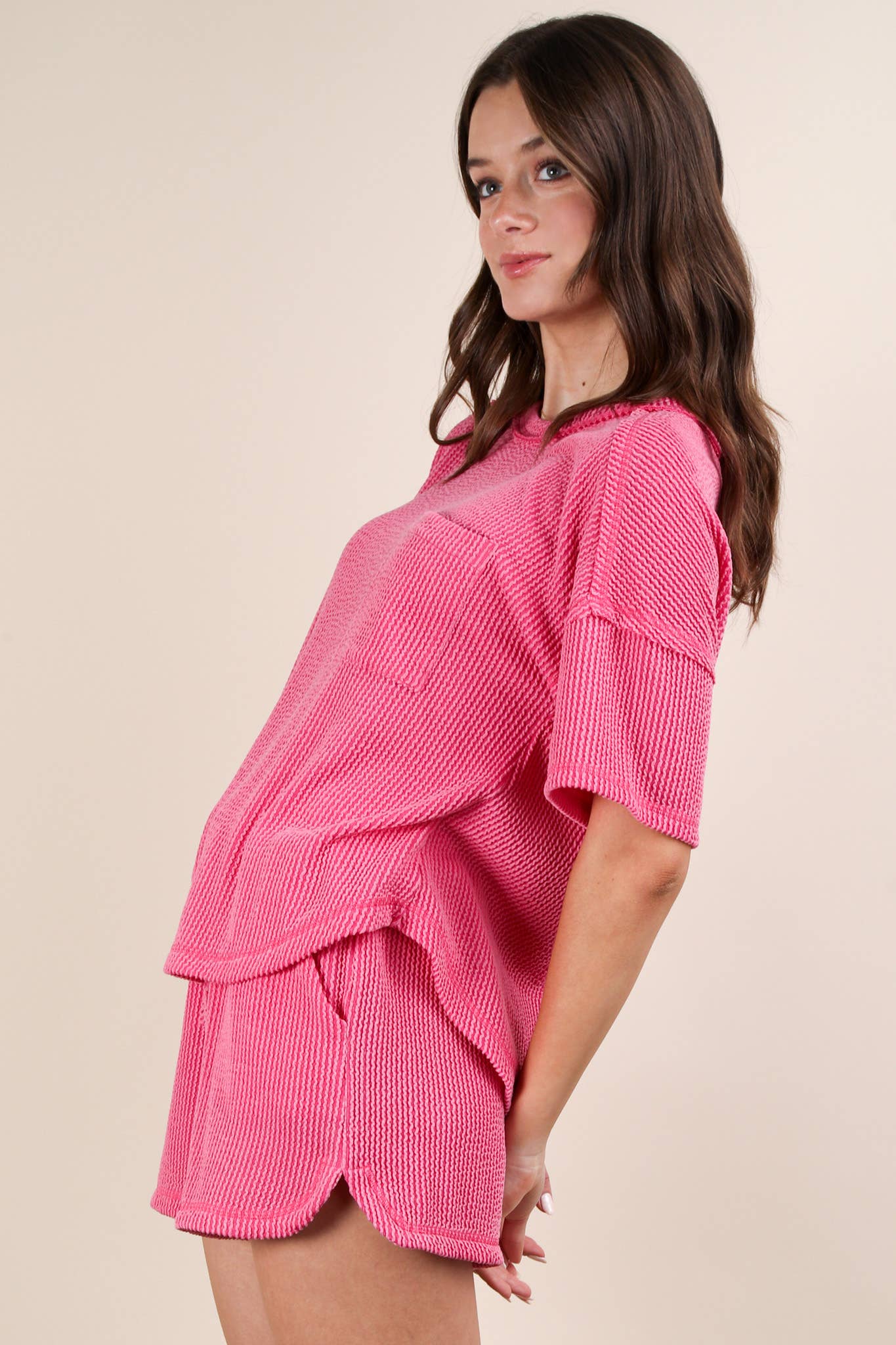 Oversized Two Tone Double Knit Top & Shorts: PINK
