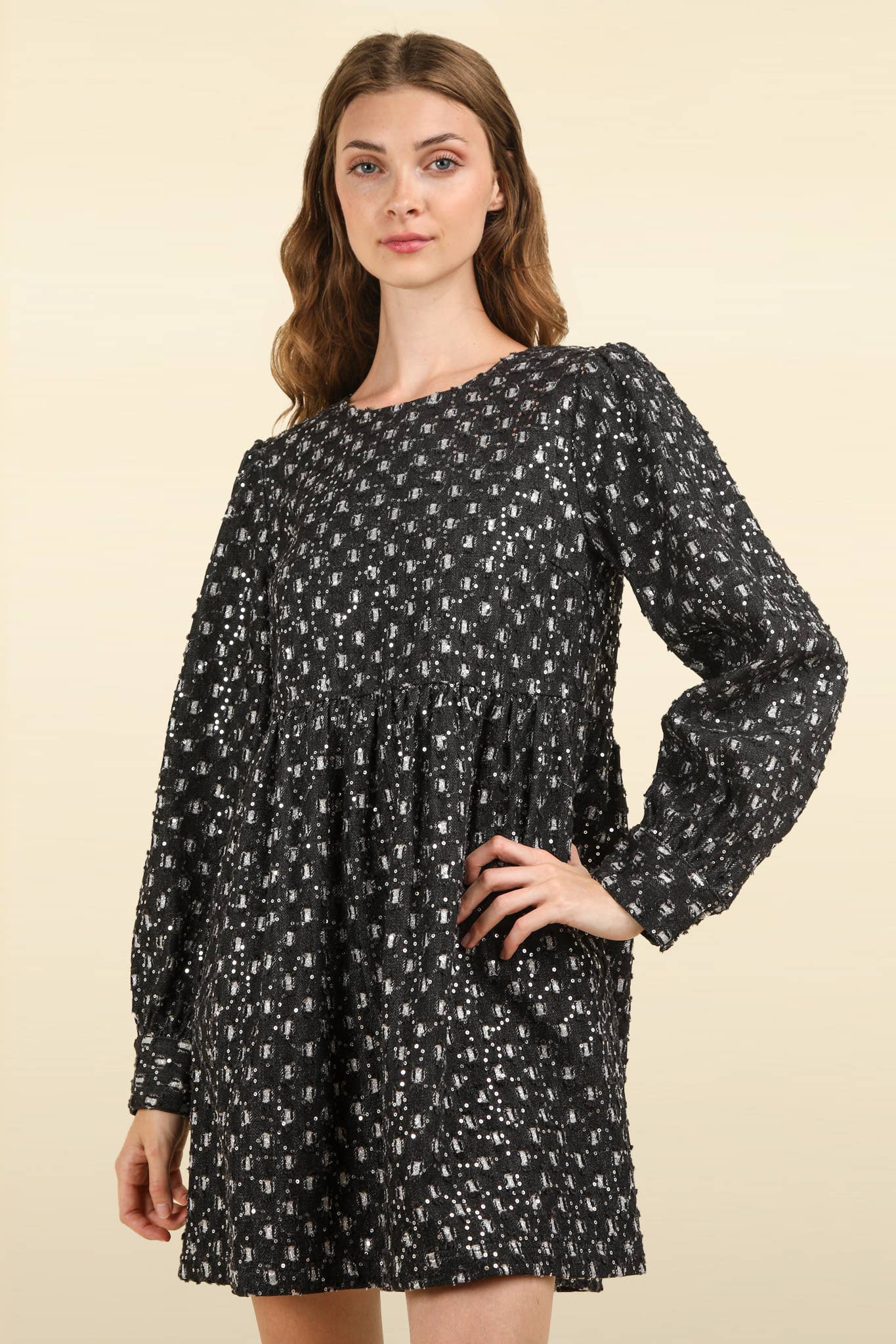 Glitter Denim Babydoll Flare Mini Dress: BLACK