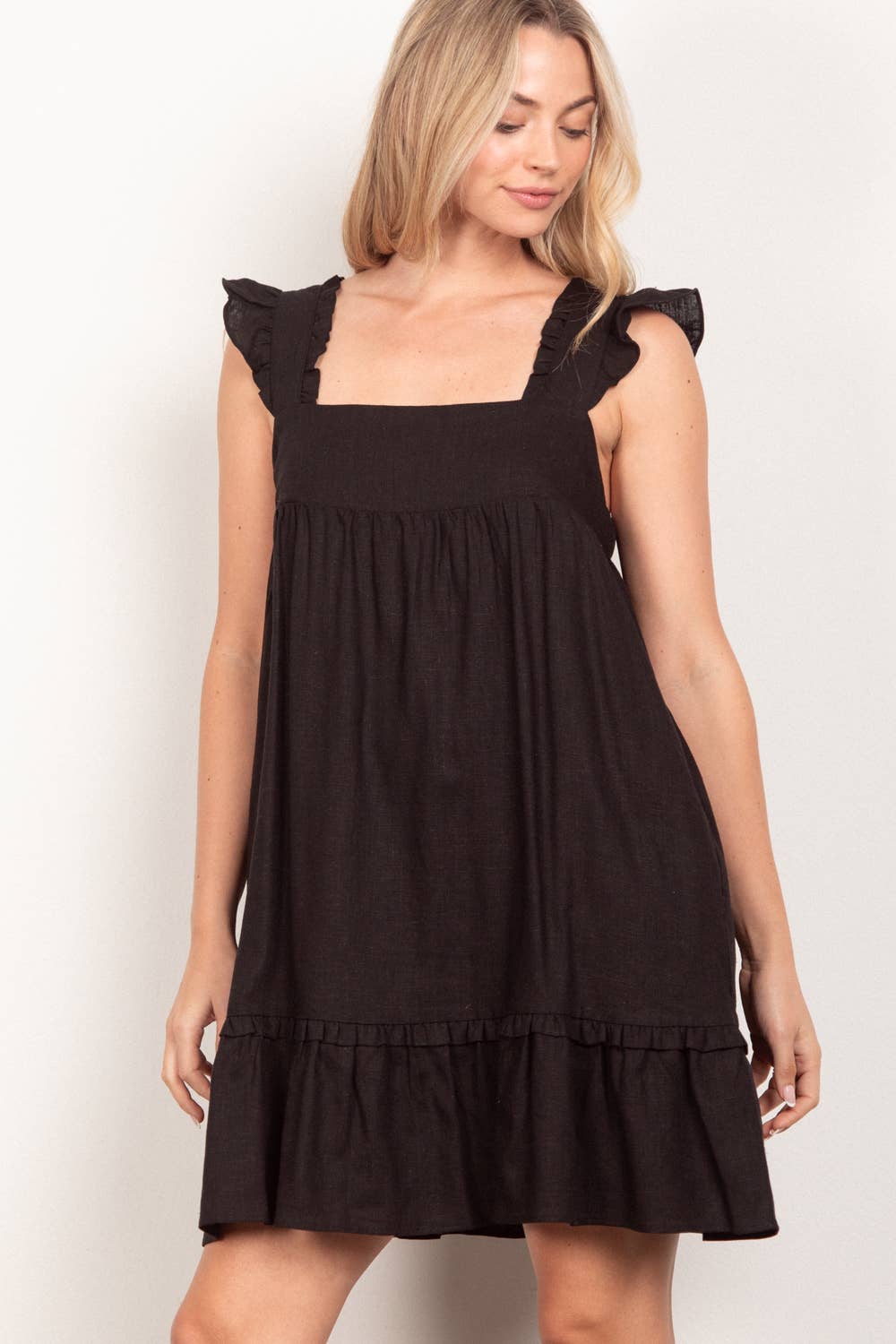Ruffled Solid Linen Backless Mini Dress