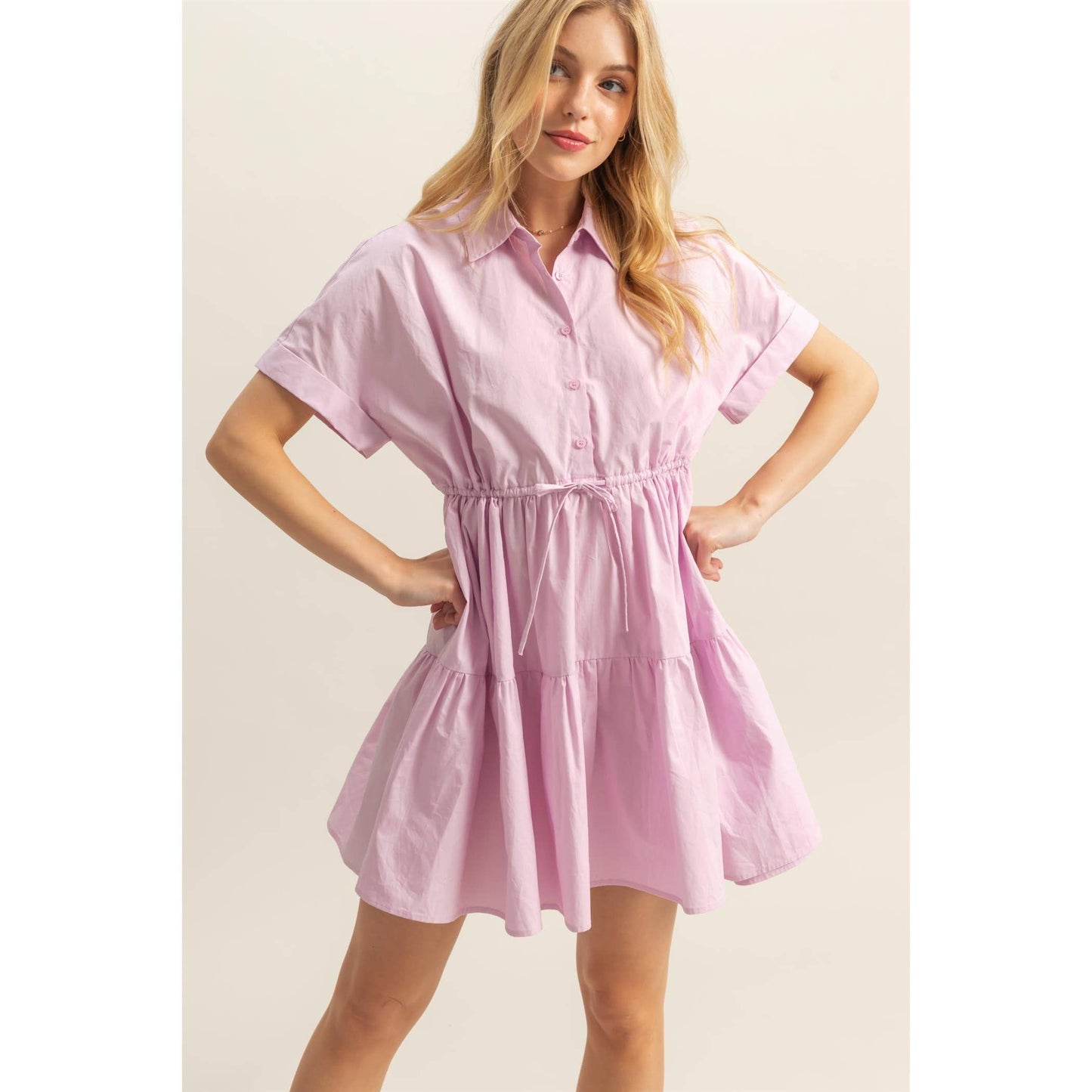 Drawstring Waist Poplin Tiered Mini Dress
