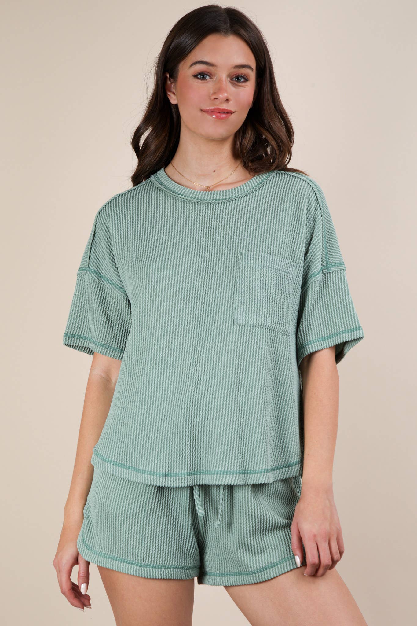 Oversized Two Tone Double Knit Top & Shorts: SAGE