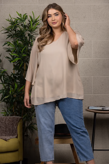 SALE: CHIFFON V-NECK BELL SLEEVES PLUS SIZE TOP-T6431: Beige
