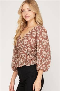 MOCHA FLORAL PRINT BUBBLE SLEEVES TOP
