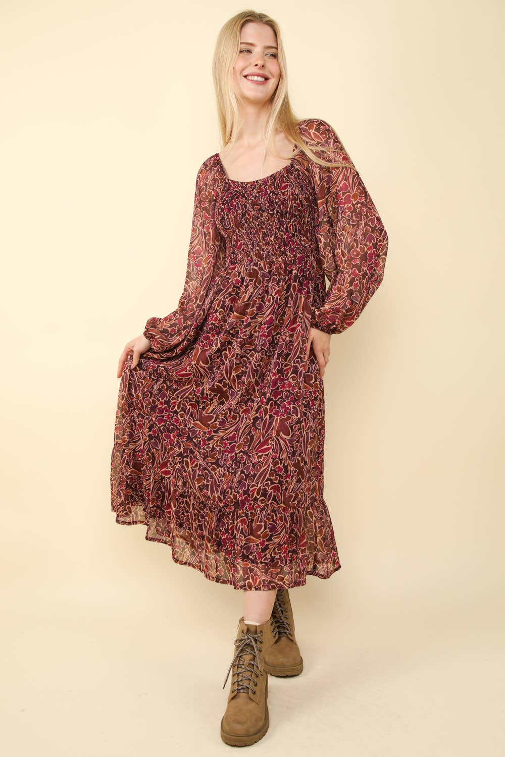 Square Neck Printed Flare Midi Dress: Burgundy