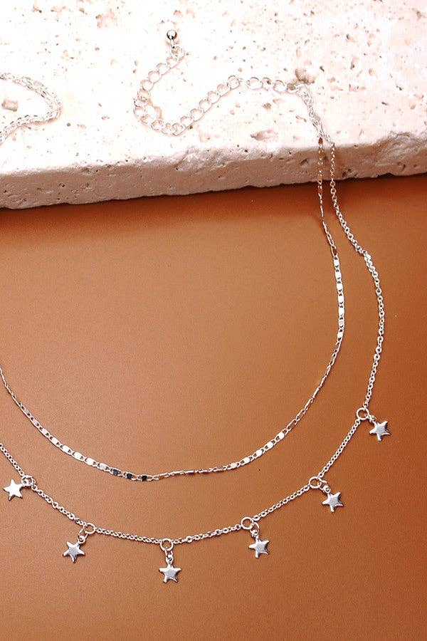 DELICATE DOUBLE LAYER STAR DROP NECKLACE:SILVER