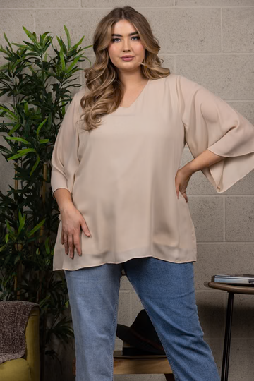 SALE: CHIFFON V-NECK BELL SLEEVES PLUS SIZE TOP-T6431: Beige