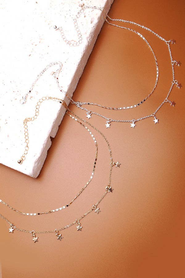 DELICATE DOUBLE LAYER STAR DROP NECKLACE:SILVER