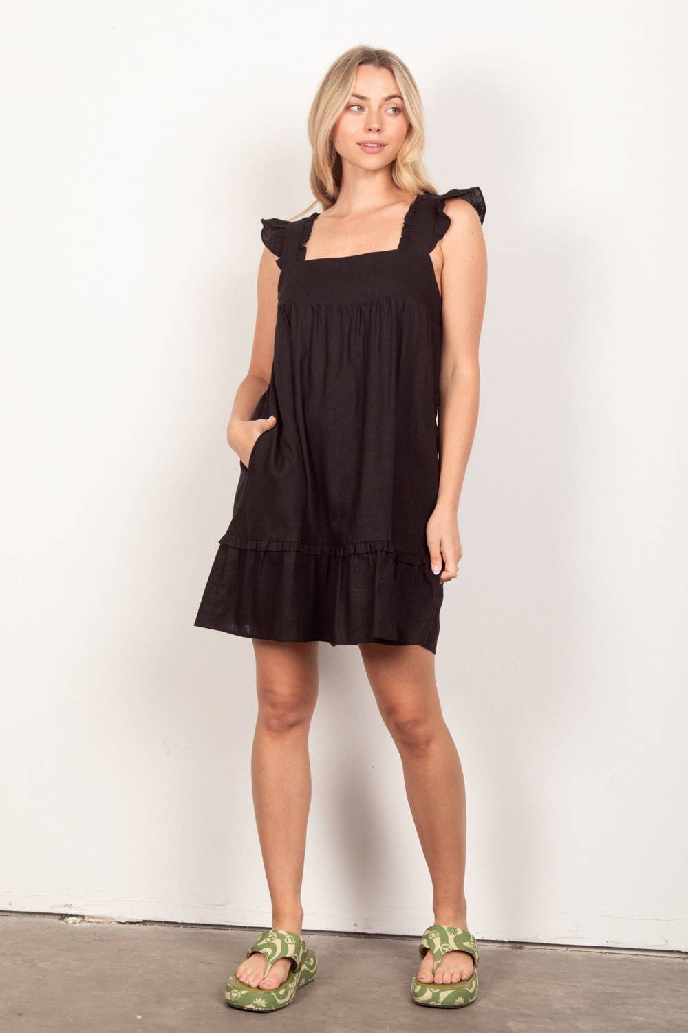 Ruffled Solid Linen Backless Mini Dress