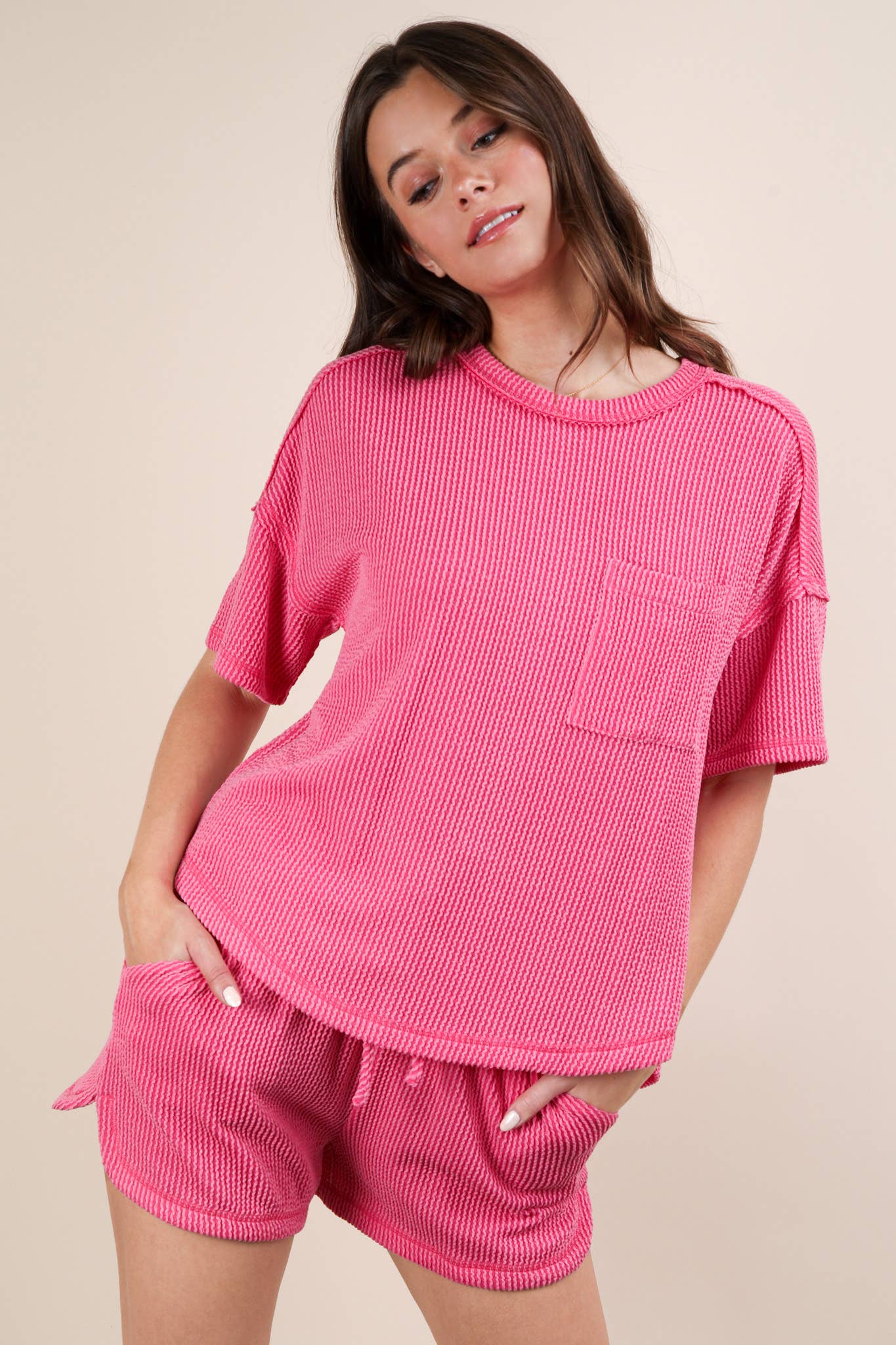 Oversized Two Tone Double Knit Top & Shorts: PINK