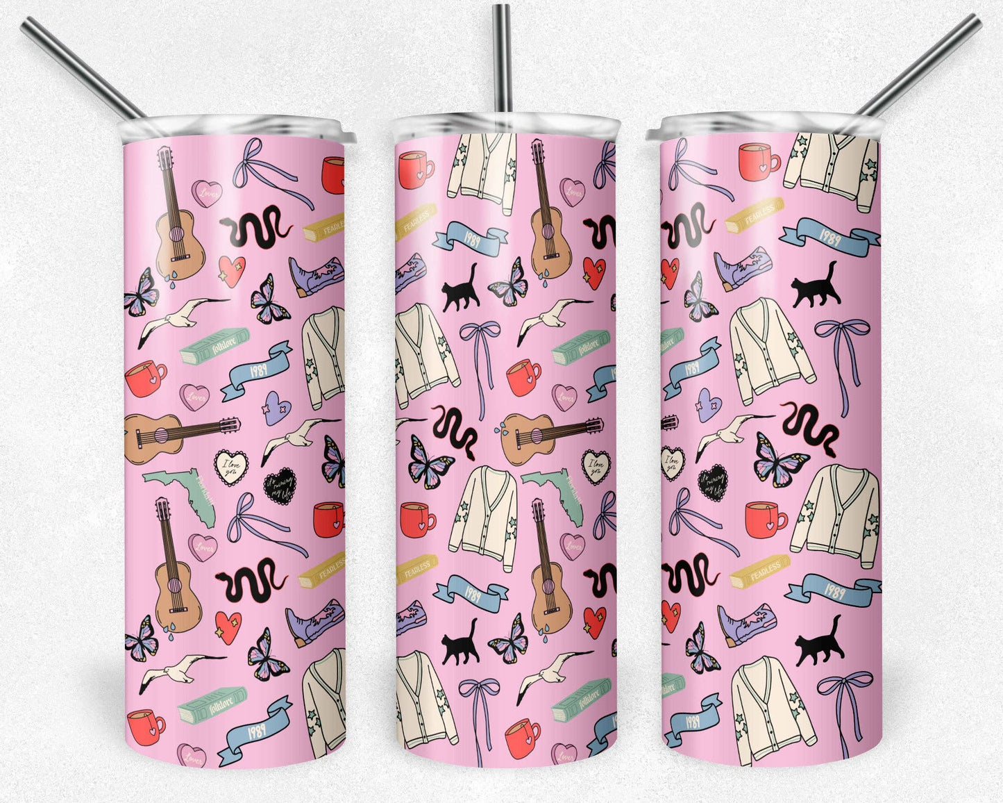 20 oz Skinny Tumbler, Pink Taylor Icons