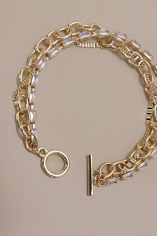 BAGUETTE STONE MULTI LAYER TOGGLE BRACELET : Gold