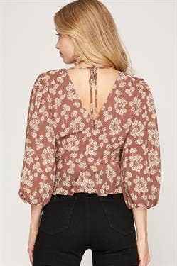 MOCHA FLORAL PRINT BUBBLE SLEEVES TOP