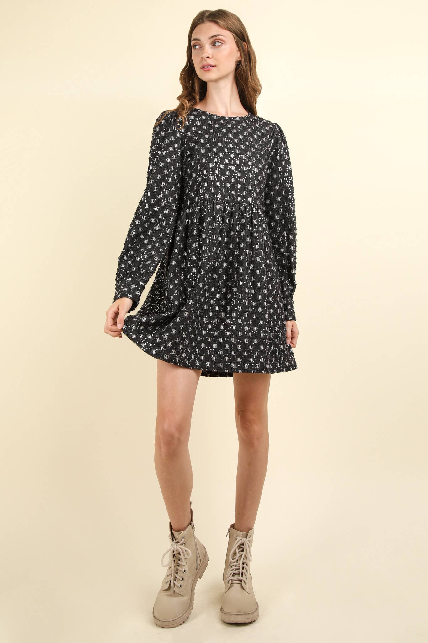 Glitter Denim Babydoll Flare Mini Dress: BLACK
