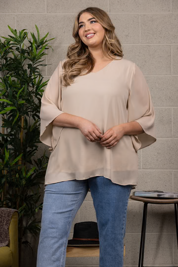 SALE: CHIFFON V-NECK BELL SLEEVES PLUS SIZE TOP-T6431: Beige