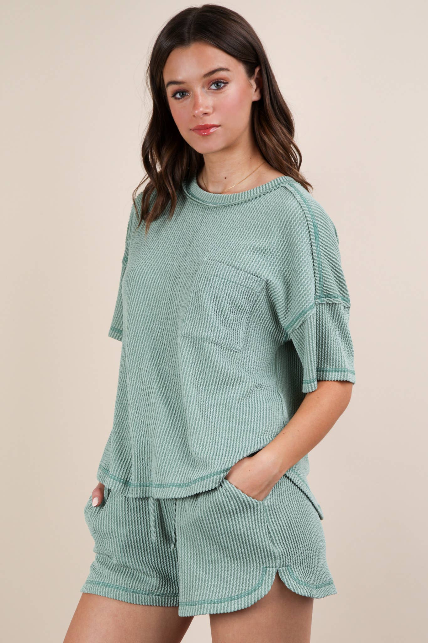 Oversized Two Tone Double Knit Top & Shorts: SAGE