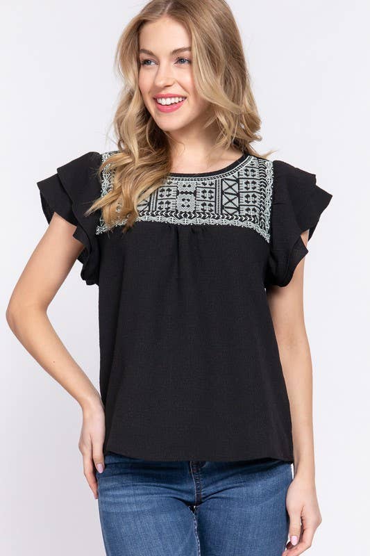 Embroidered Ruffle Sleeve Top