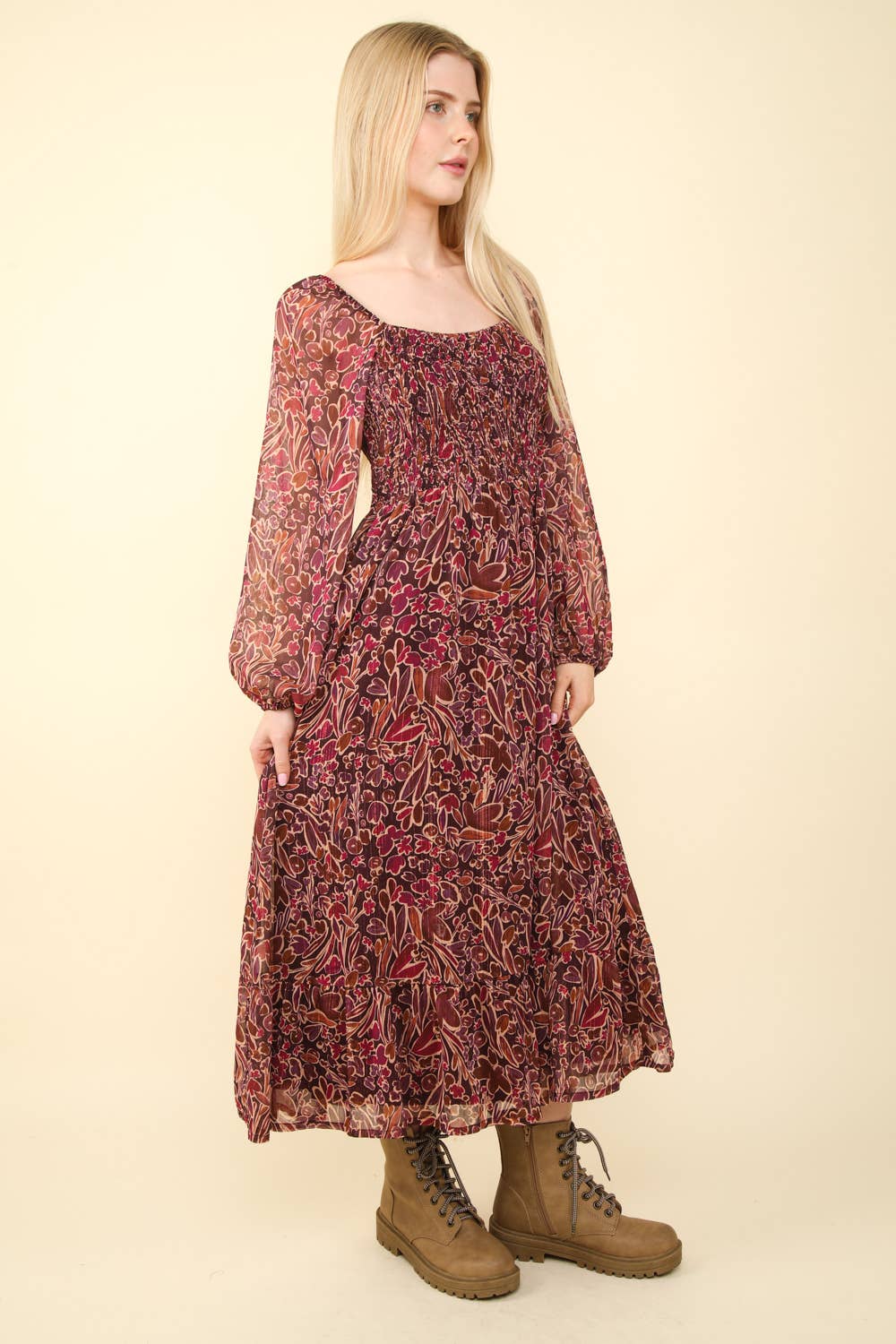 Square Neck Printed Flare Midi Dress: Burgundy