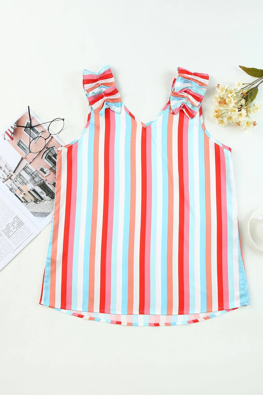 Colorful Striped Ruffled Shoulder V Neck Top