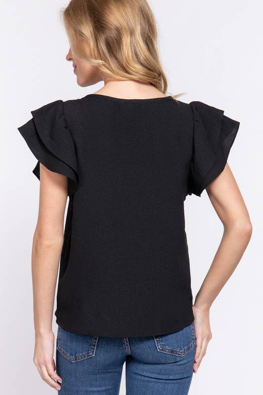 Embroidered Ruffle Sleeve Top