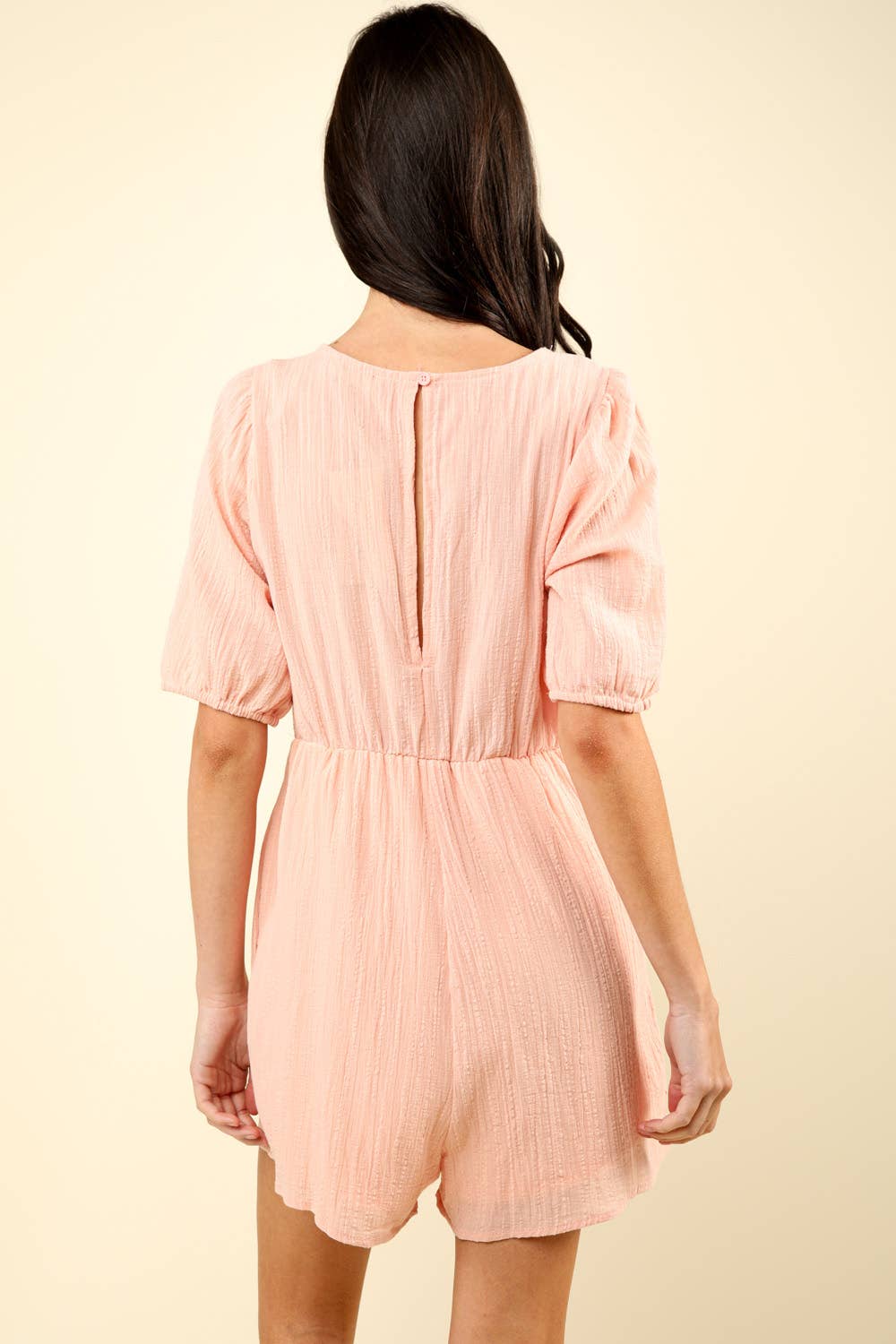 Lace Detail Puff Sleeve Solid Woven Romper: BLUSH