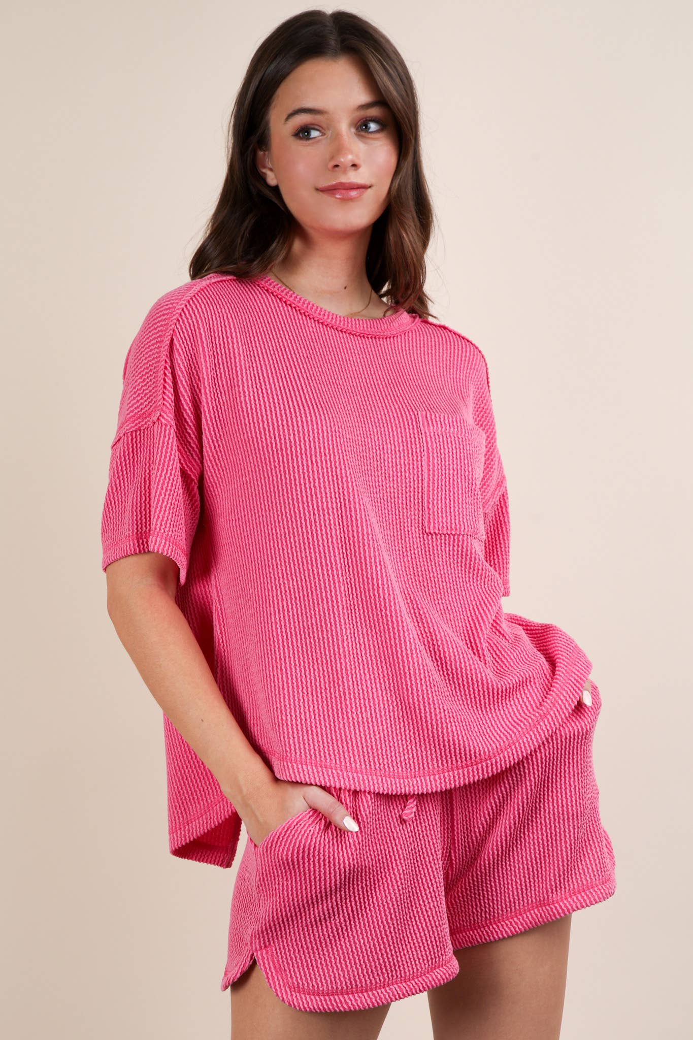 Oversized Two Tone Double Knit Top & Shorts: PINK