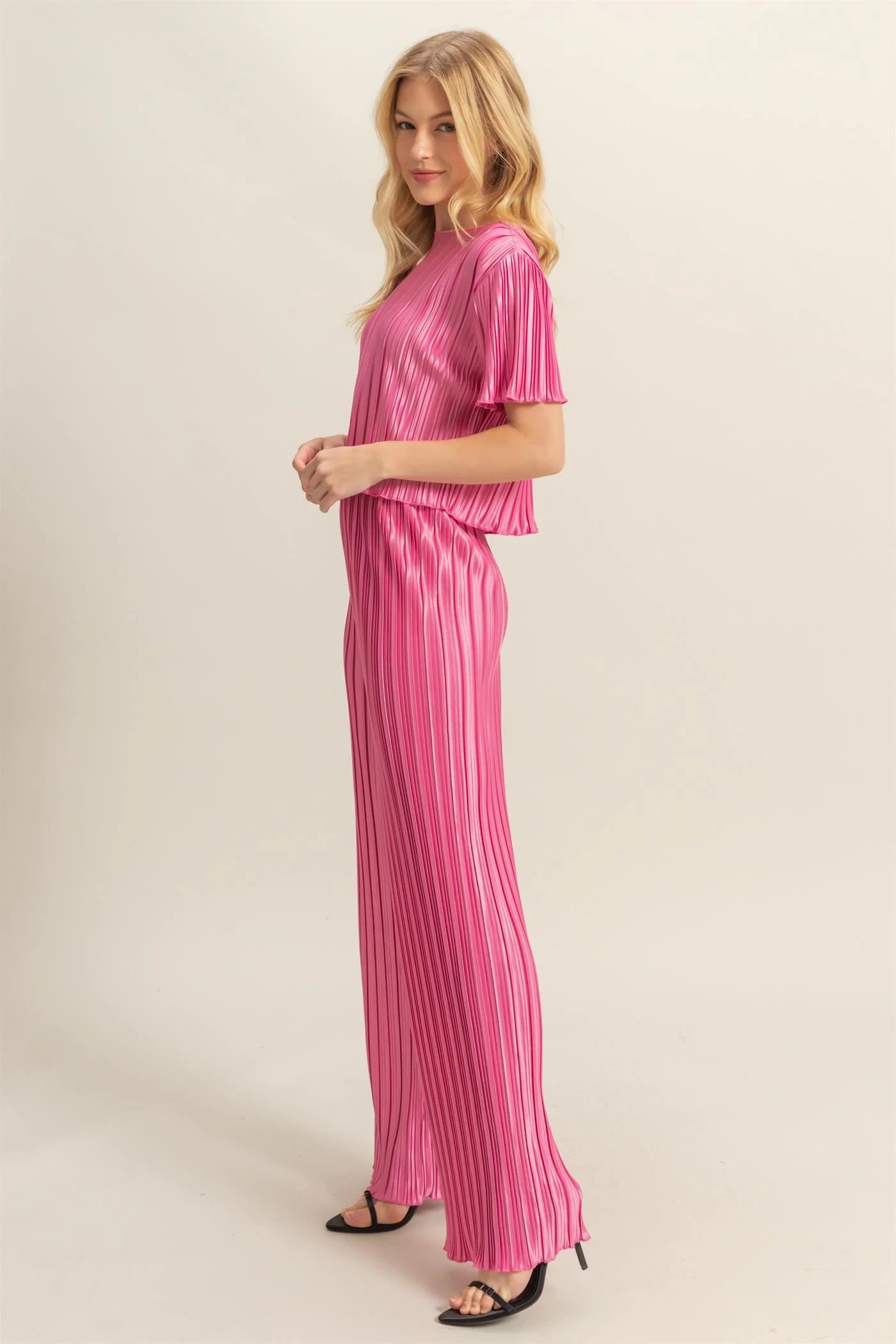 Crinkle Short Sleeve Top And Pants Set- PINK