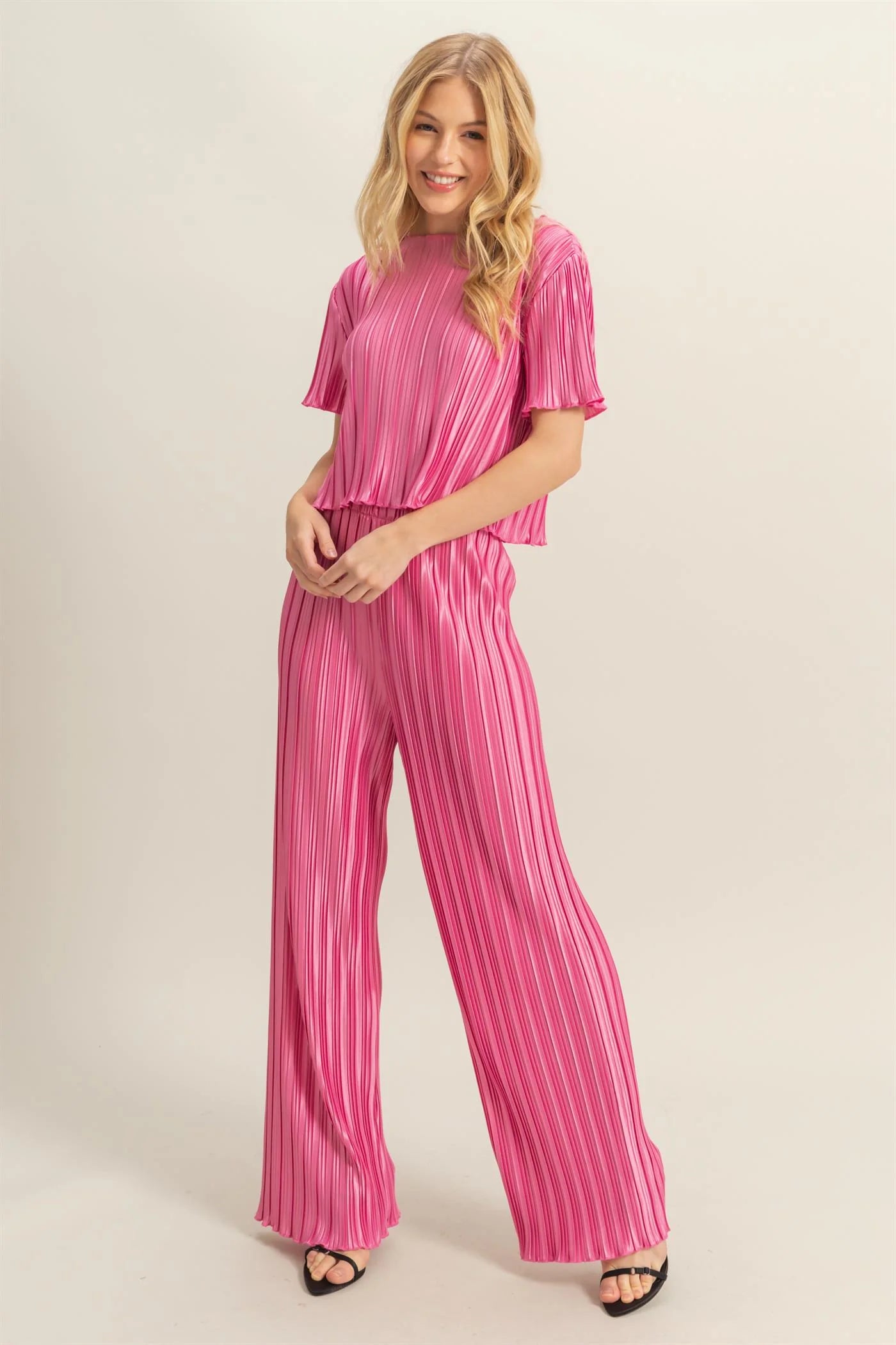 Crinkle Short Sleeve Top And Pants Set- PINK
