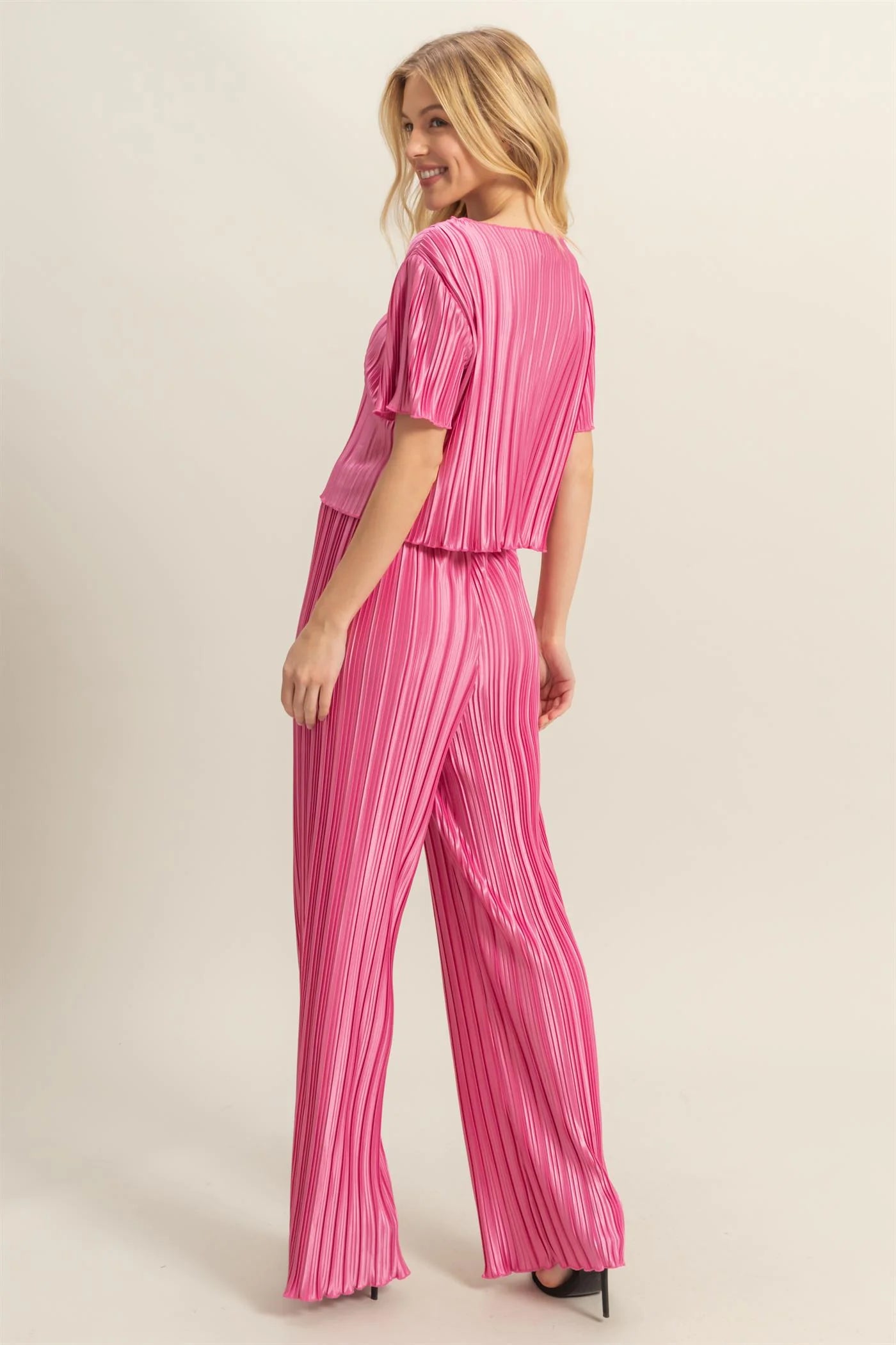 Crinkle Short Sleeve Top And Pants Set- PINK