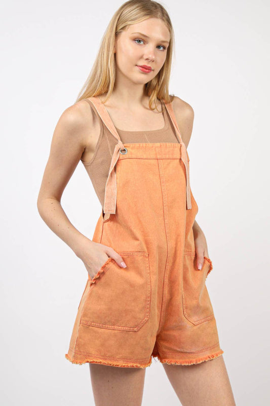 Washed Cotton Denim Casual Romper Overall: SALMON